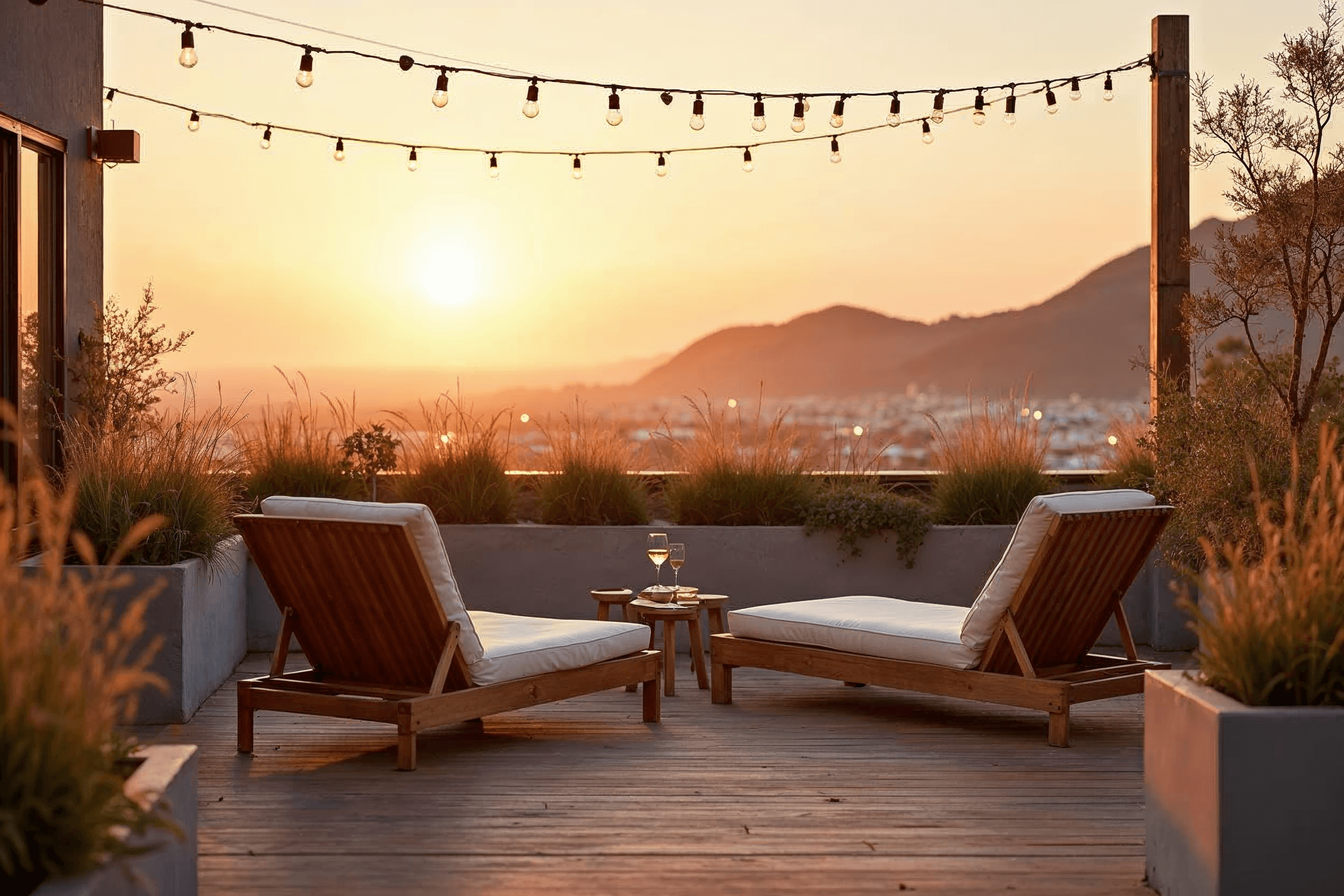 Rooftop terrace at golden hour with mountain views
