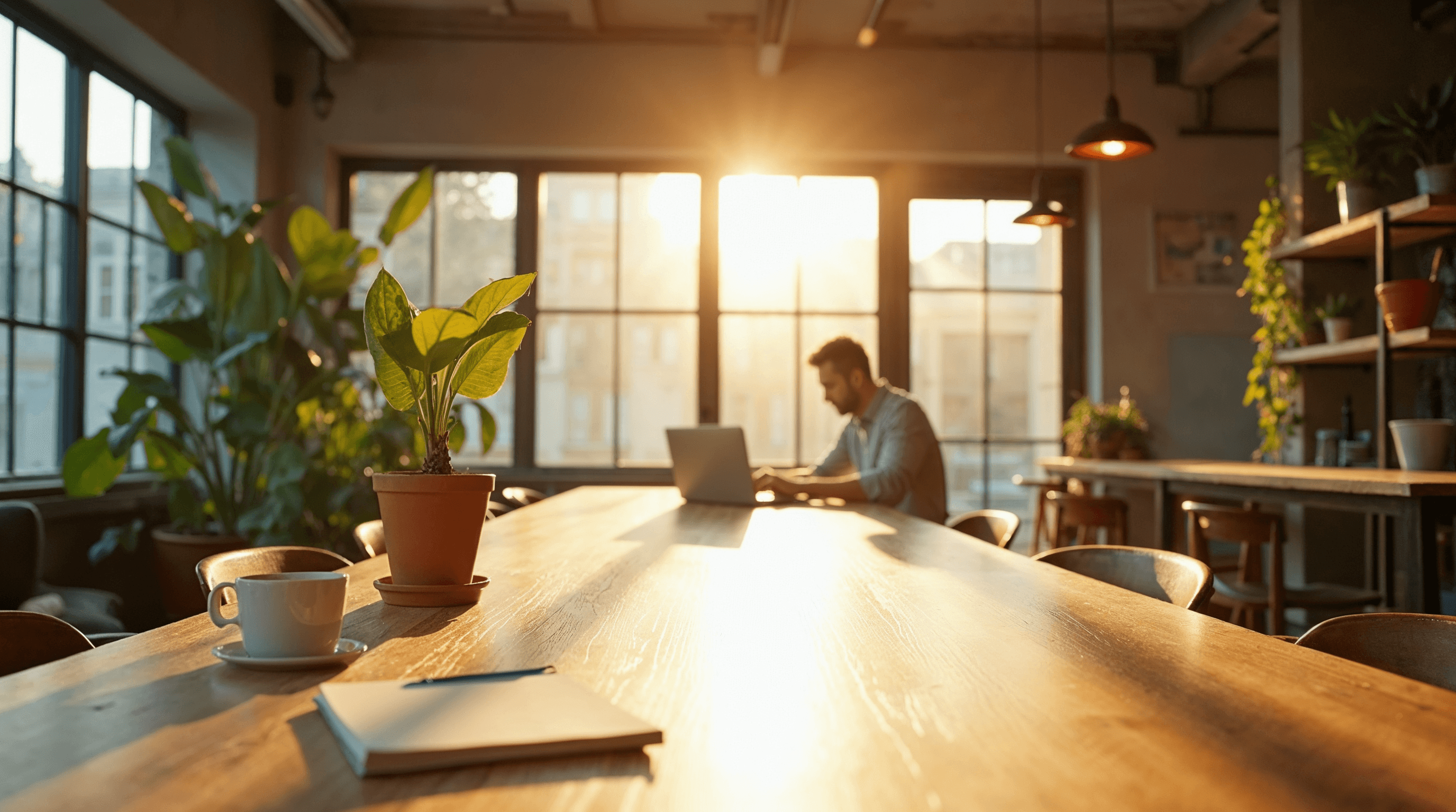 Warm communal workspace with golden morning light